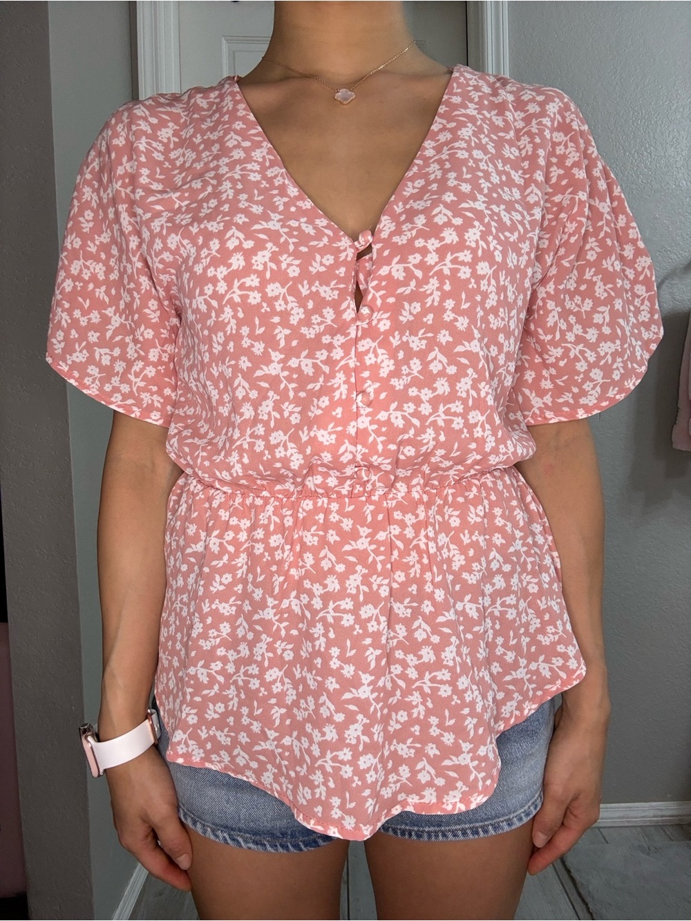 Women's Pink Floral V-Neck Blouse